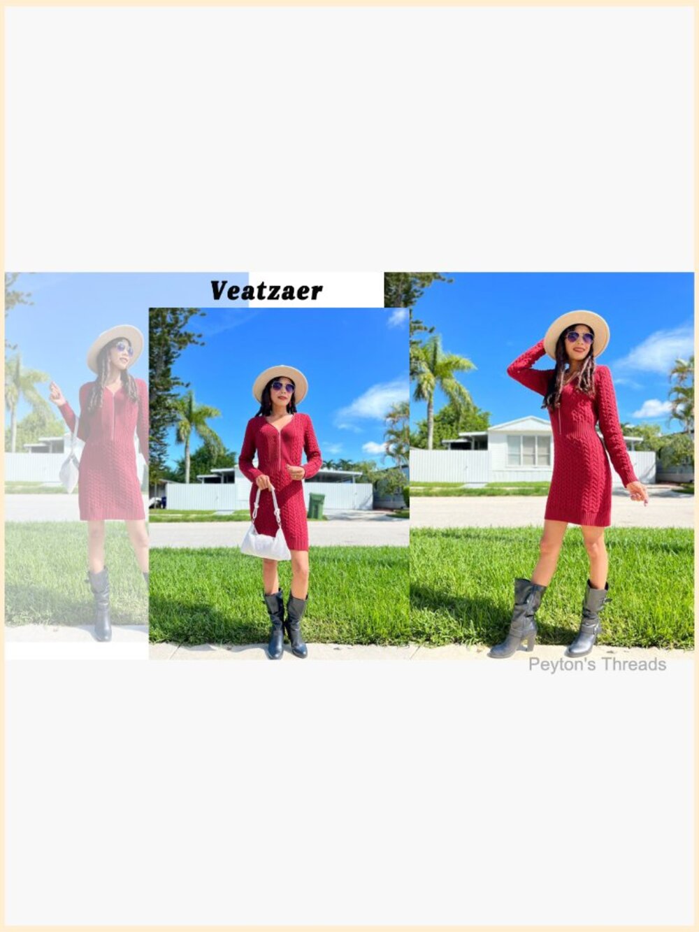 Womens Zipper V-Neck Slim Fit Cable Knit Mini Dress Long Sleeve Casual - Picture 6 of 7